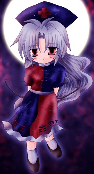 kiru (artist), yagokoro eirin, touhou, 1girl, chibi, female focus, full body, gradient background, moon, outdoors, sky, solo, standing, white hair