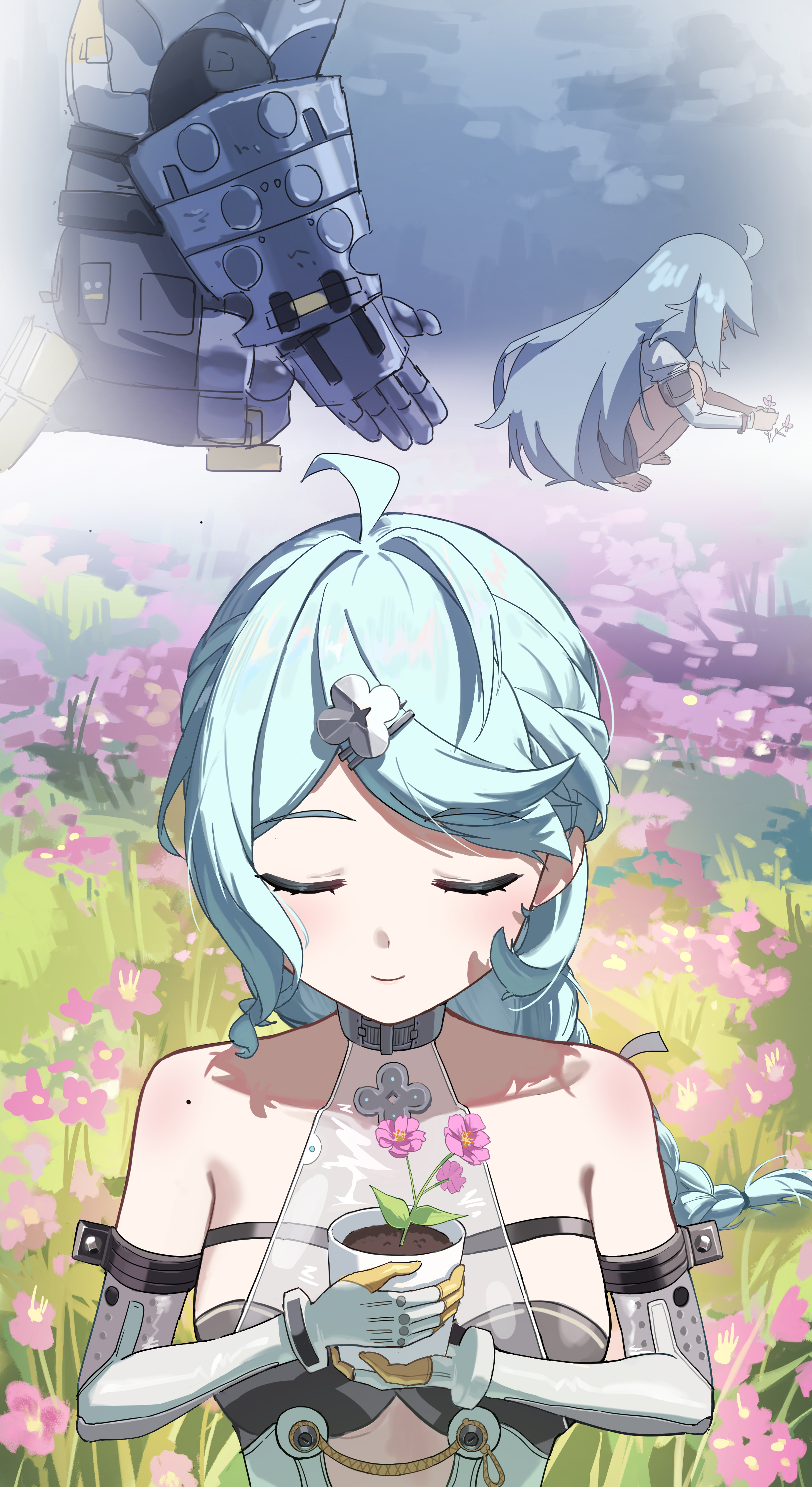 lelegadou, seed (zenless zone zero), zenless zone zero, absurdres, highres, 1girl, 1other, closed eyes, closed mouth, decorations, detached sleeves, field, flower, flower field, flower pot, formal clothes, gloves, grass, hair ornament, hairpin, holding, holding flower pot, humanoid robot, long hair, mecha, mechanical arms, mechanical legs, mole, mole on shoulder, petals, pink flower, robot, see-through dress layer, seed sr., smile, suit, white gloves, white suit