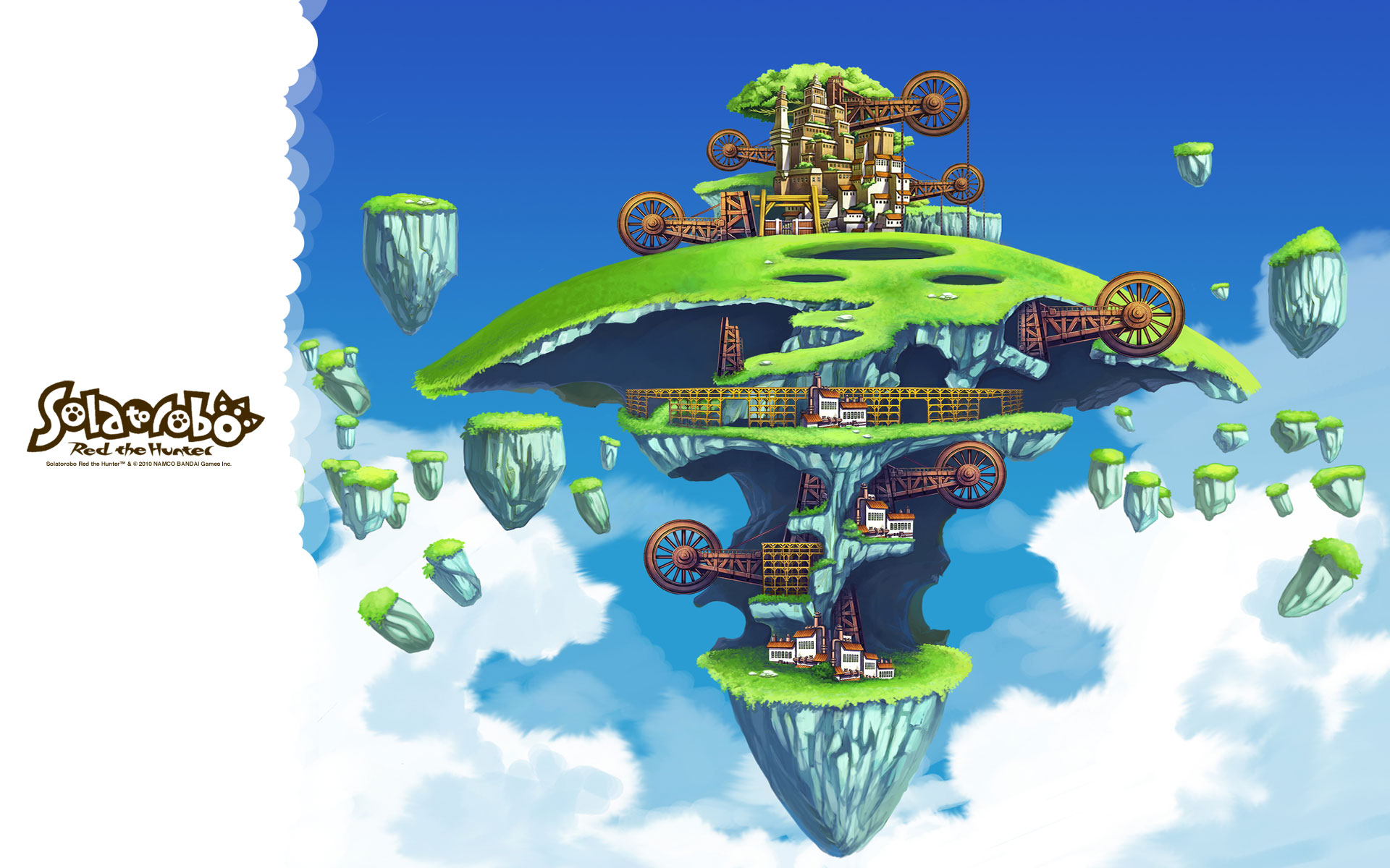 tanimeso, little tail bronx, solatorobo, highres, official art, building, cloud, copyright logo, floating island, grass, house, no humans, scenery, sky, town, tree, wheel