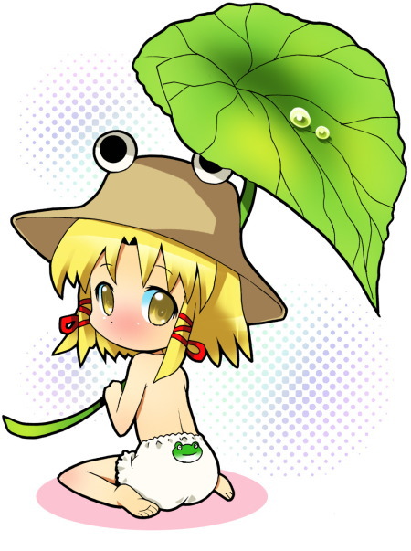 michii yuuki, moriya suwako, touhou, 1girl, aged down, animal print, baby, blonde hair, bloomers, female focus, frog panties, frog print, halftone, halftone background, hat, lily pad, panties, plant, print panties, ribbon, solo, topless female, underwear, white background, white bloomers