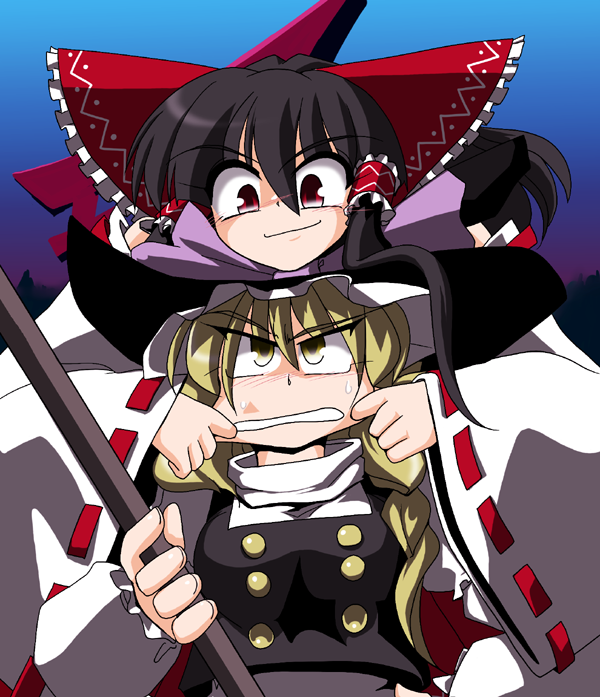 kieyza, kiezya, hakurei reimu, kirisame marisa, touhou, 2girls, blonde hair, bow, braid, broom, clenched teeth, detached sleeves, evil smile, female focus, grimace, hair bow, hair tubes, hat, holding, long hair, long sleeves, multiple girls, ponytail, red bow, ribbon-trimmed sleeves, ribbon trim, shaded face, sidelocks, single braid, smile, teeth, wide-eyed, witch hat