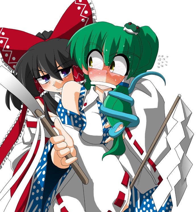 kieyza, kiezya, hakurei reimu, kochiya sanae, touhou, 2girls, blue eyes, blush, bow, brown hair, detached sleeves, female focus, frog hair ornament, from behind, full-face blush, gohei, grabbing another's breast, green hair, groping, hair bow, hair ornament, hair tubes, multiple girls, red eyes, scared, smile, snake, sweat, yellow eyes, you gonna get raped