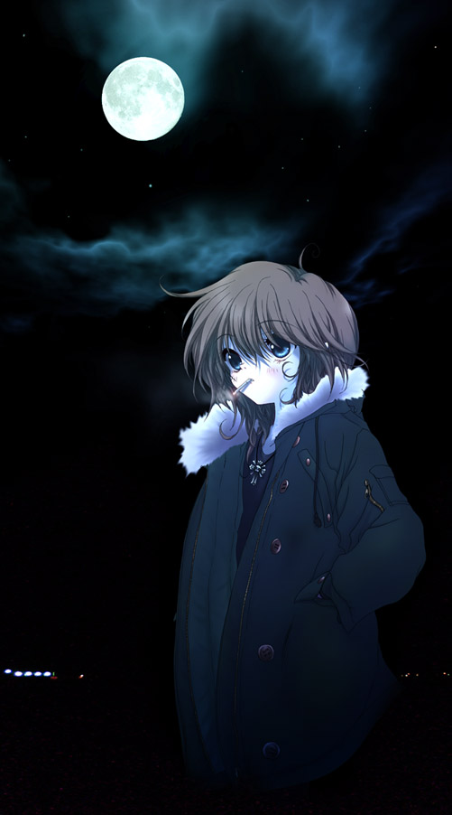 odagiri sakura, lights, blue eyes, brown hair, cigarette, cloud, coat, jewelry, moon, necklace, night, skull, solo