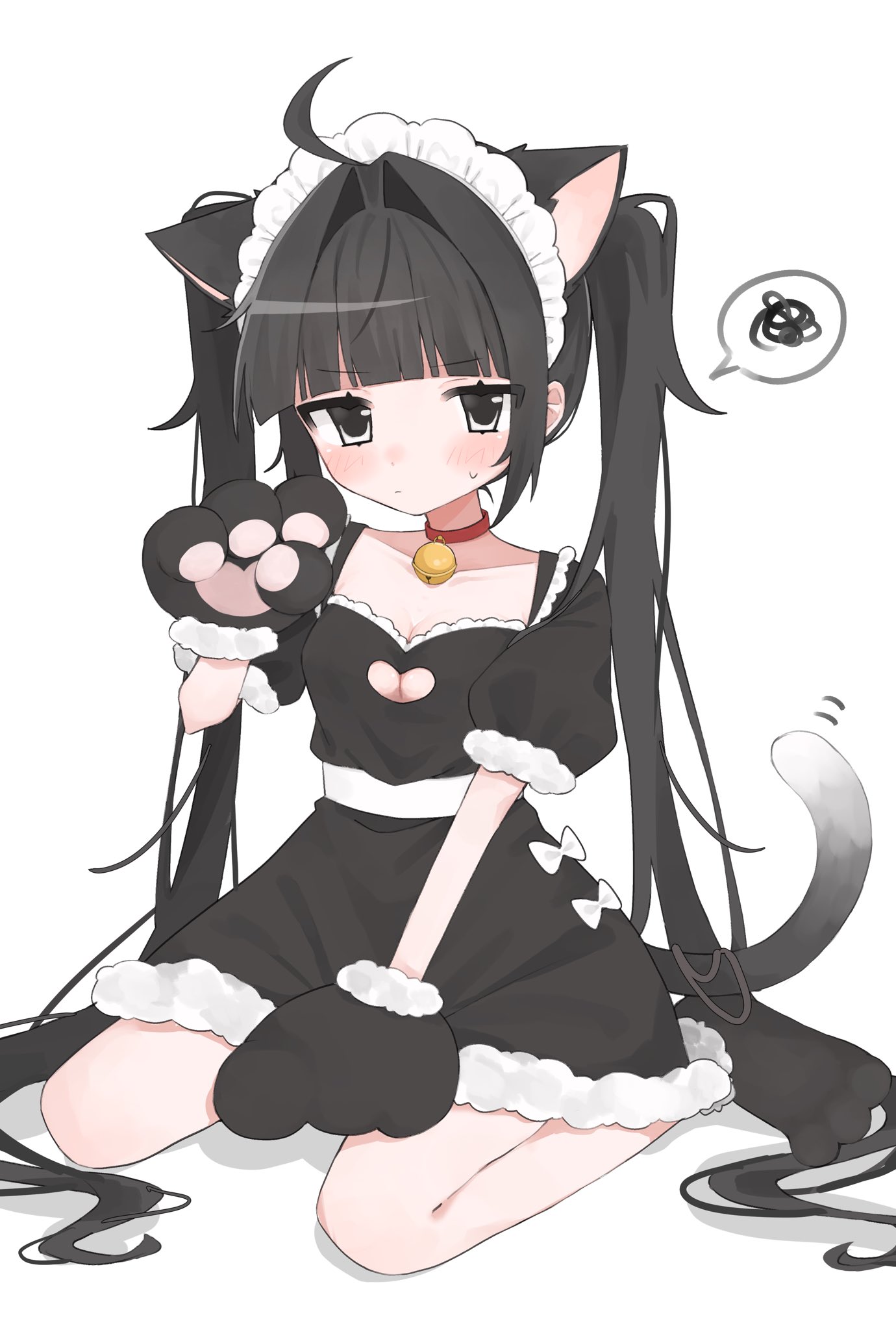 lapis (lapis 2828), original, highres, 1girl, ahoge, animal ears, animal hands, bell, black dress, black eyes, black hair, blunt bangs, blush, bow, breasts, cat ears, cat girl, cat tail, cleavage, cleavage cutout, closed mouth, clothing cutout, collarbone, dress, full body, fur-trimmed gloves, fur trim, gloves, hair intakes, heart cutout, jingle bell, long hair, looking at viewer, maid headdress, neck bell, paw gloves, paw shoes, puffy short sleeves, puffy sleeves, short sleeves, simple background, sitting, small breasts, solo, spoken squiggle, squiggle, sweatdrop, tail, twintails, very long hair, wariza, white background