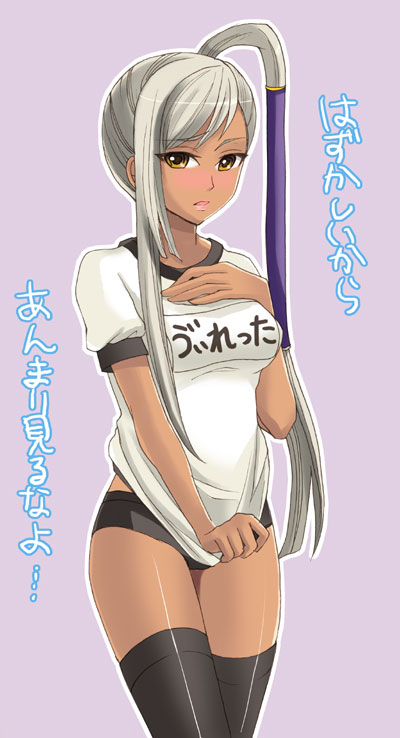otabe sakura, villetta nu, code geass, silver hair, translation request, 00s, 1girl, black thighhighs, blush, breast suppress, breasts, buruma, dark-skinned female, dark skin, embarrassed, female focus, gym uniform, long hair, shirt tug, solo, thighhighs, yellow eyes