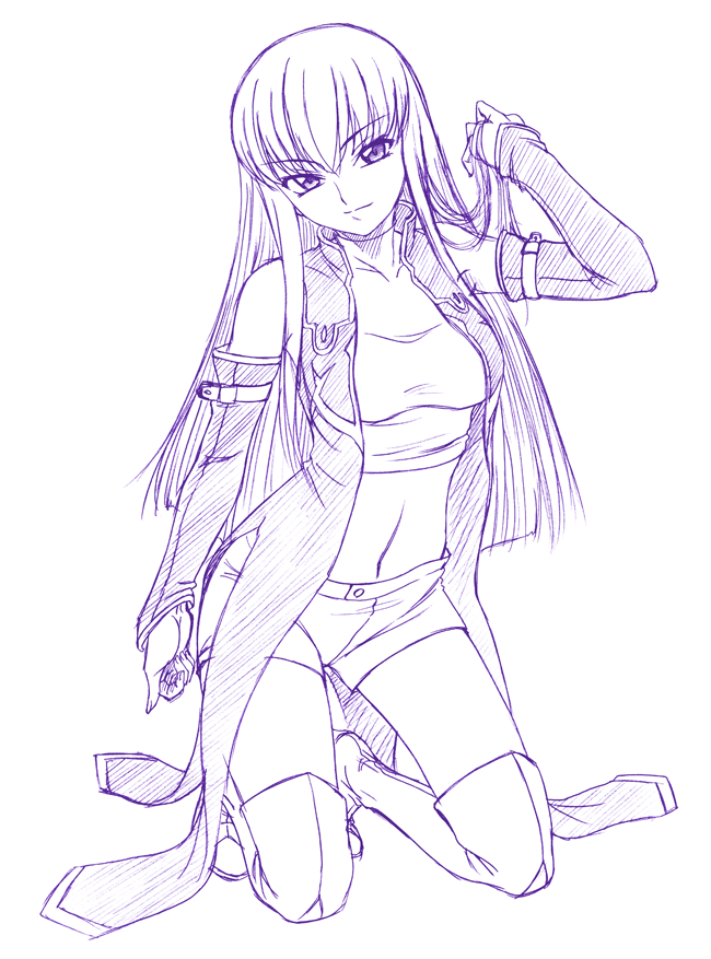 misnon the great, c.c., code geass, 00s, boots, kneeling, monochrome, purple theme, solo, thigh boots, thighhighs