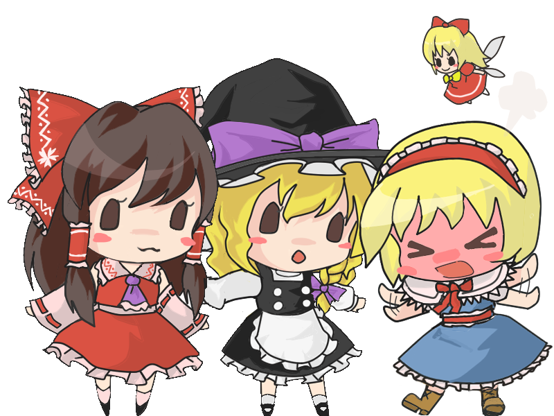 zuu (turedure), alice margatroid, hakurei reimu, kirisame marisa, shanghai doll, touhou, 3girls, blonde hair, blush, chibi, female focus, multiple girls, simple background, white background