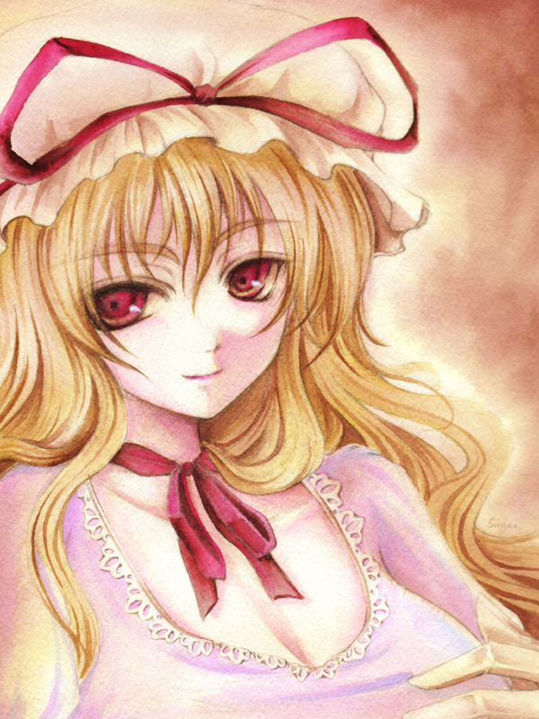 sugai, yakumo yukari, touhou, eyebrows, color ink (medium), traditional media, 1girl, blonde hair, breasts, choker, cleavage, female focus, hat, large breasts, lips, long hair, portrait, red eyes, ribbon, ribbon choker, smile, solo