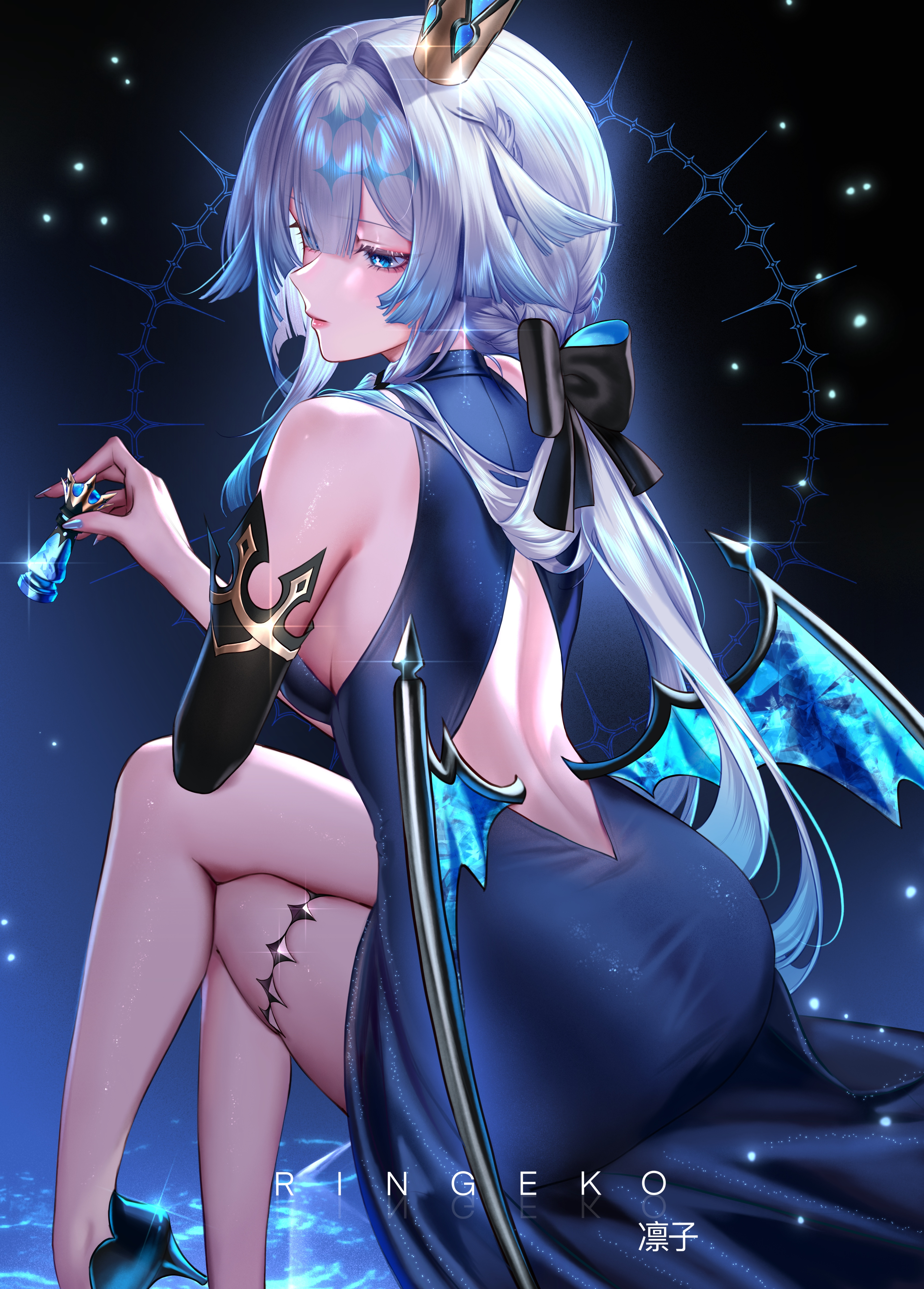 ringeko-chan, cerydra (honkai: star rail), honkai: star rail, honkai (series), absurdres, commentary, highres, 1girl, artist name, back cutout, bare legs, bare shoulders, black bow, blue dress, blue eyes, bow, chess piece, closed mouth, clothing cutout, crossed legs, crown, dress, fingernails, grey hair, hair bow, hair intakes, holding, holding chess piece, legs, long fingernails, long hair, looking down, low wings, median furrow, solo, very long hair, wings
