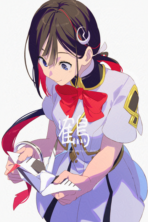 echo (circa), jeunesse crane (fate), miss crane (fate), fate/grand order, fate (series), translation request, 1girl, black hair, blue eyes, bow, bowtie, bracelet, breasts, cropped shirt, dress, hair ornament, jeunesse crane (second ascension) (fate), jewelry, long hair, medium breasts, multicolored hair, origami, paper crane, ponytail, red hair, shirt, short sleeves, solo, two-tone hair, white dress, white shirt