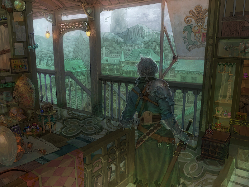 munashichi, original, lights, silver hair, 1boy, armor, balcony, belt, braid, city, flag, from behind, gauntlets, indoors, jewelry, lantern, male focus, medieval, mountain, pauldrons, scabbard, scenery, sheath, shield, shoulder armor, solo, stairs, sword, table, tree, weapon, window