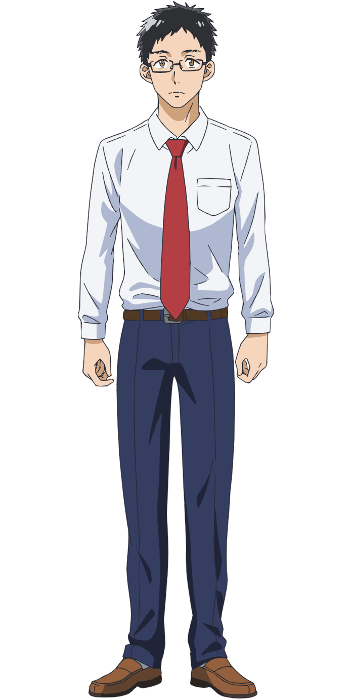 morita kazuaki, ao no orchestra, highres, official art, 1boy, anime coloring, belt, black hair, blue pants, brown belt, brown eyes, closed mouth, collared shirt, full body, glasses, long sleeves, looking at viewer, necktie, pants, rectangular eyewear, red necktie, school uniform, shibata osamu, shirt, short hair, simple background, socks, solo, standing, tachi-e, tareme, transparent background, very short hair, white shirt, white socks