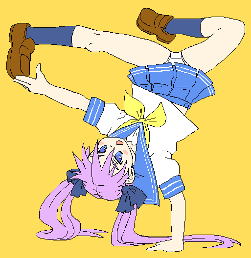 kouotsu, hiiragi kagami, lucky star, bad id, bad pixiv id, 00s, blue eyes, handstand, oekaki, one arm handstand, panties, pink hair, ribbon, skirt, solo, twintails, underwear, yellow background