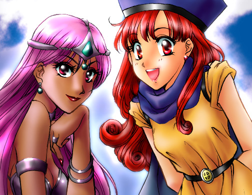 fu-ka, alena (dq4), manya (dq4), chunsoft, dragon quest, dragon quest iv, enix, bikini, bikini top only, cape, circlet, dark-skinned female, dark skin, hat, long hair, purple eyes, purple hair, red eyes, red hair, swimsuit