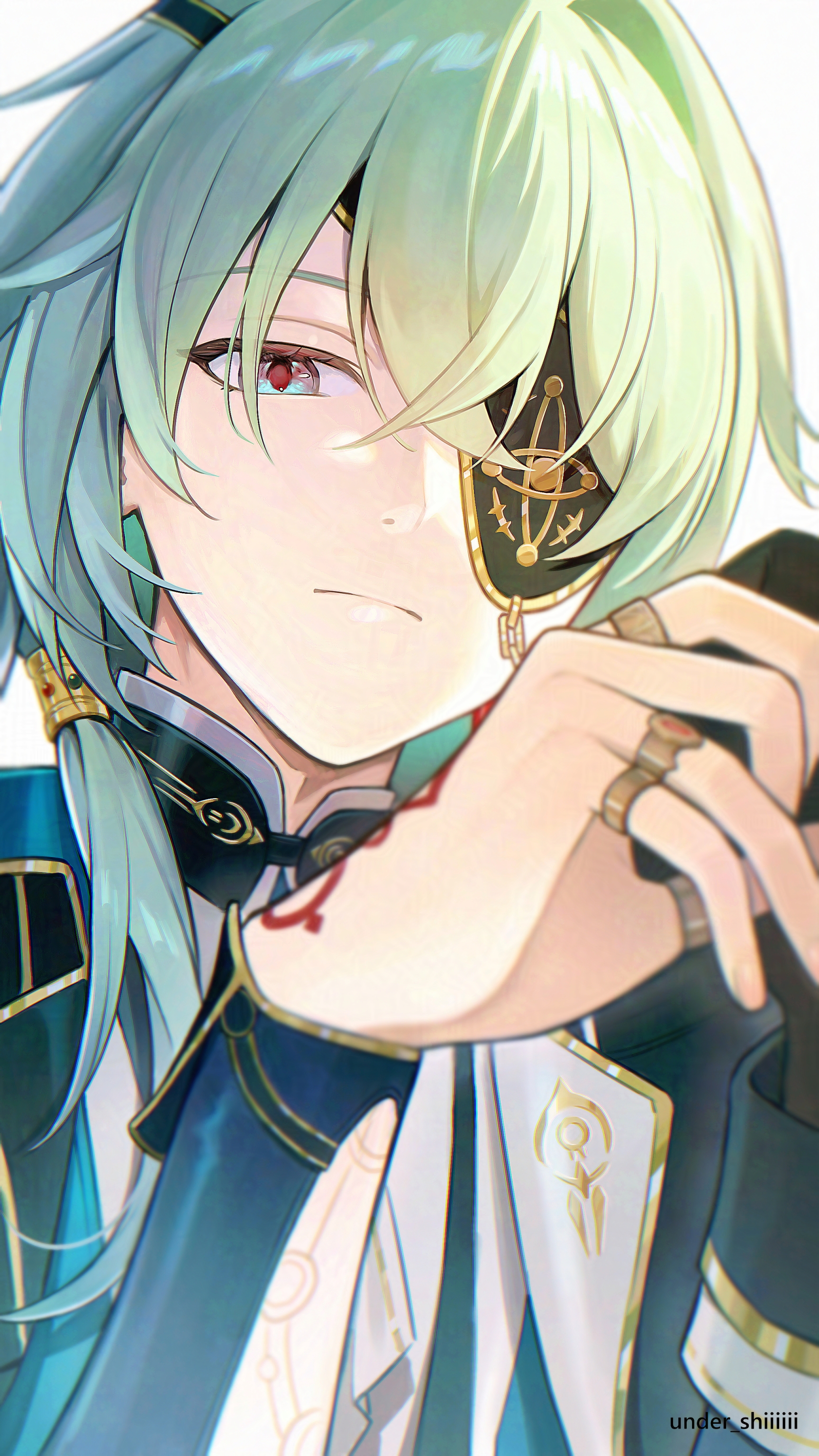 sg (under siiiiii), anaxa (honkai: star rail), honkai: star rail, honkai (series), absurdres, highres, 1boy, aqua hair, ascot, black jacket, blue eyes, chain, closed mouth, earrings, eyepatch, gem, hair between eyes, hair intakes, hand up, jacket, jewelry, lapels, looking at viewer, male focus, mandarin collar, medium hair, notched lapels, one eye covered, pink pupils, red gemstone, shirt, side ponytail, simple background, single earring, solo, upper body, white ascot, white background, white shirt
