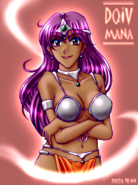 fu-ka, manya (dq4), chunsoft, dragon quest, dragon quest iv, enix, 1girl, bikini, bikini top only, breasts, circlet, dark-skinned female, dark skin, female focus, hat, magic, pelvic curtain, purple eyes, purple hair, solo, swimsuit