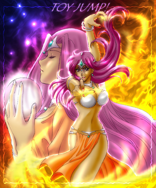 fu-ka, manya (dq4), minea (dq4), chunsoft, dragon quest, dragon quest iv, enix, 2girls, bikini, bikini top only, circlet, crystal ball, dancing, dark-skinned female, dark skin, dress, element bender, fire, hairpiece, hat, long hair, magic, multiple girls, pelvic curtain, purple eyes, purple hair, siblings, sisters, swimsuit