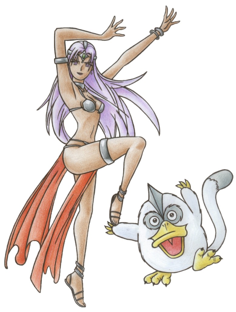 manya (dq4), chunsoft, dragon quest, dragon quest iv, enix, 1girl, bikini, bikini top only, bird, breasts, dancer, dancing, dark-skinned female, dark skin, duck, female focus, full body, jewelry, lots of jewelry, pelvic curtain, purple hair, sandals, simple background, solo, swimsuit