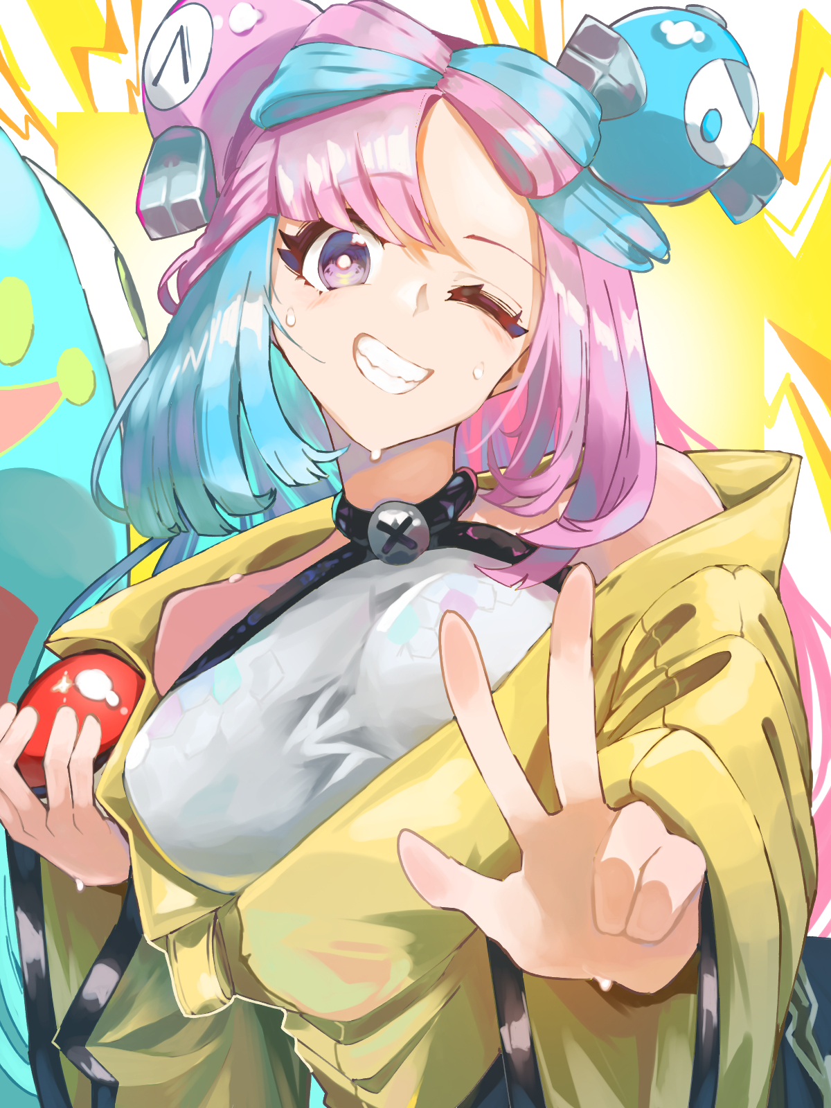 amateru, iono (pokemon), pokemon, pokemon sv, bow-shaped hair, character hair ornament, fake hair bun, hair ornament, hexagon print, jacket, multicolored hair, oversized clothes, sharp teeth, split-color hair, teeth, two-tone hair, x (symbol), yellow jacket