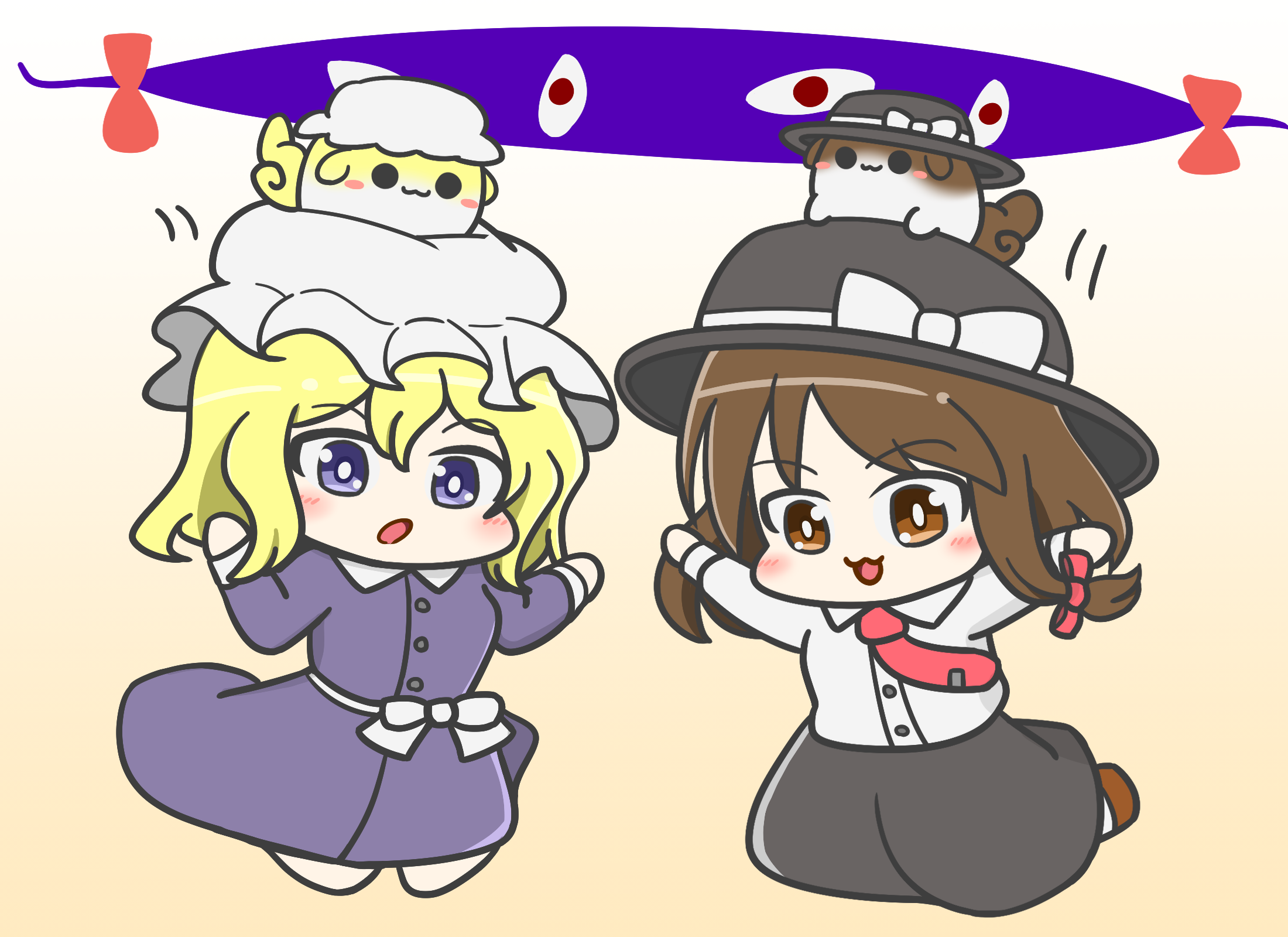 assist (2828), maribel hearn, sukusuku hakutaku, usami renko, touhou, highres, 2girls, :3, :o, animal, animal on head, black skirt, blonde hair, blush, blush stickers, bow, brown eyes, brown hair, dress, falling, fedora, gap (touhou), hair ribbon, happy, hat, hat bow, mob cap, motion lines, multiple girls, necktie, on head, purple dress, purple eyes, raised eyebrows, red ribbon, ribbon, sash, shirt, shoes, simple background, skirt, socks, speed lines, white shirt, white socks