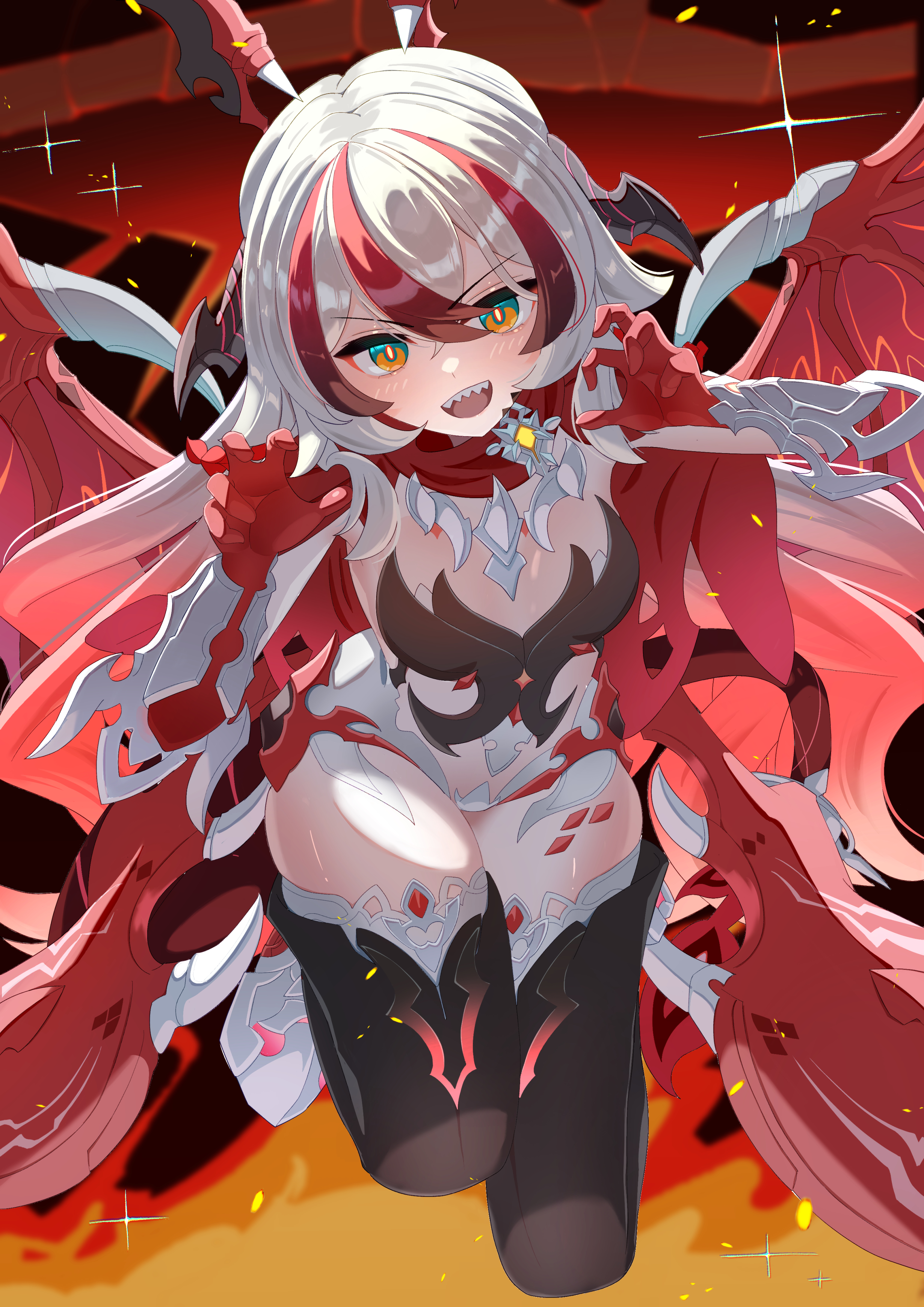 eight (eight3rd1), coralie 6626 planck, coralie 6626 planck (behold! fate-defying dragon), honkai (series), honkai impact 3rd, absurdres, highres, 1girl, black corset, black thighhighs, breasts, corset, dragon girl, dragon horns, dragon wings, elbow gloves, fire, gloves, horns, long hair, looking at viewer, multicolored hair, open mouth, orange eyes, red gloves, red hair, scales, sharp teeth, short shorts, shorts, small breasts, solo, teeth, thighhighs, thighs, two-tone hair, very long hair, white hair, white shorts, wings