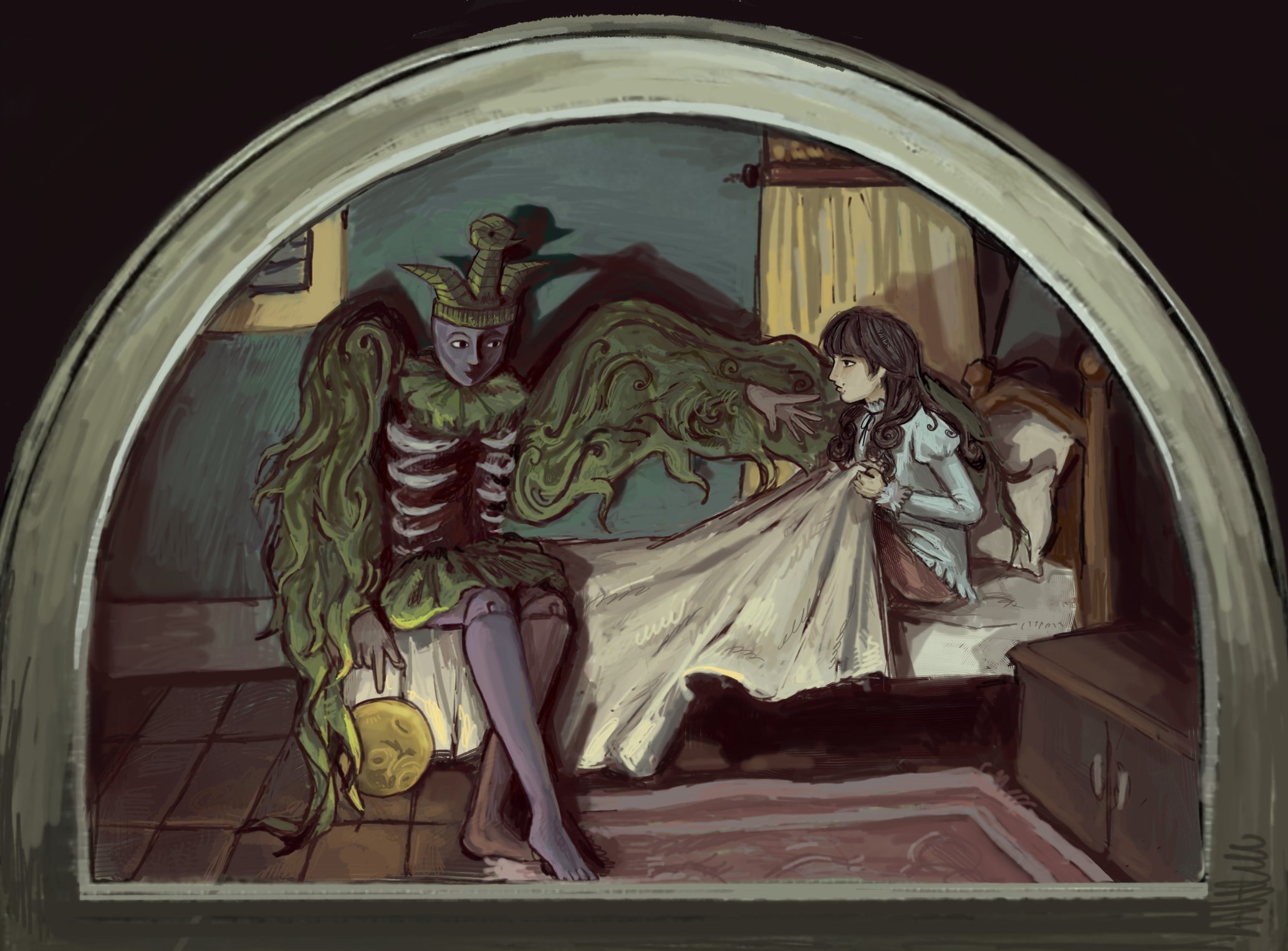 julia (fire emblem), marina (fear & hunger), per'kele (fear & hunger), fear & hunger (series), fear & hunger 2: termina, commentary, english commentary, highres, 1boy, 1girl, barefoot, blanket, brown hair, closed mouth, green wings, jelliistar, long hair, on bed, outstretched arm, pillow, pink skirt, ribs, shirt, sitting, skirt, white shirt, wings