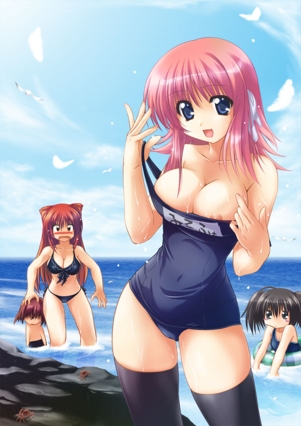 kousaka tamaki, kousaka yuuji, milfa (to heart), yuzuhara konomi, to heart (series), to heart 2, to heart 2 ad, black legwear, 00s, 1boy, 3girls, :d, ahoge, bare shoulders, bikini, bird, black bikini, black hair, blue eyes, blush, blush stickers, breasts, brown eyes, cleavage, clothes pull, crab, day, front-tie bikini top, front-tie top, holding, large breasts, long hair, multiple girls, name tag, nipple slip, nipples, nose blush, one-piece swimsuit, one-piece swimsuit pull, open mouth, partially submerged, pink hair, pulling own clothes, red hair, robot ears, school swimsuit, smile, standing, swimsuit, thighhighs, undressing, water, wet