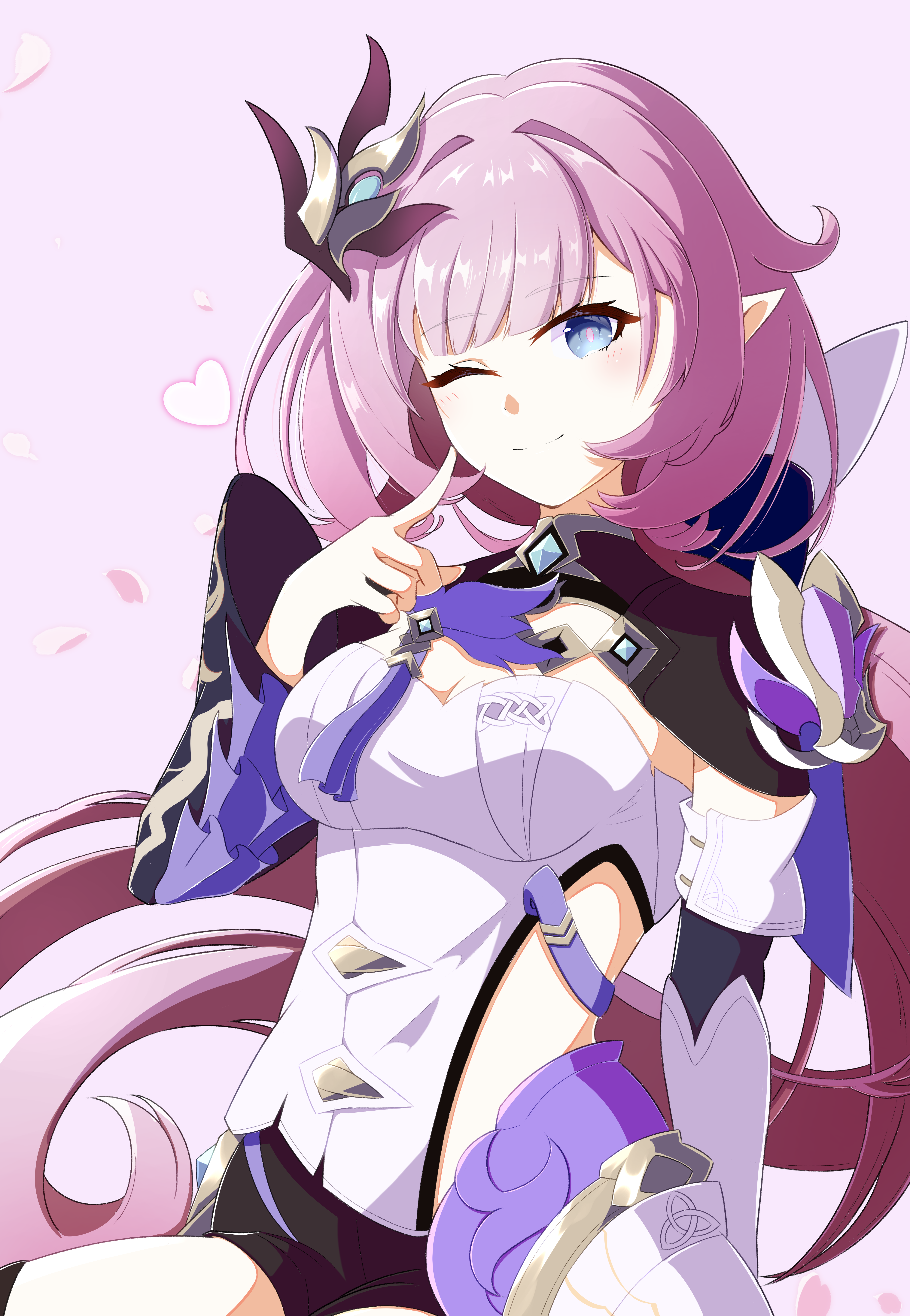 eight (eight3rd1), elysia (honkai impact), elysia (miss pink elf) (honkai impact), honkai (series), honkai impact 3rd, absurdres, commentary request, highres, 1girl, ;), black shorts, blue eyes, breasts, cleavage, closed mouth, floating hair, hand up, heart, long hair, long sleeves, looking at viewer, medium breasts, one eye closed, petals, pink background, pink hair, short shorts, shorts, simple background, smile, solo, very long hair, wide sleeves