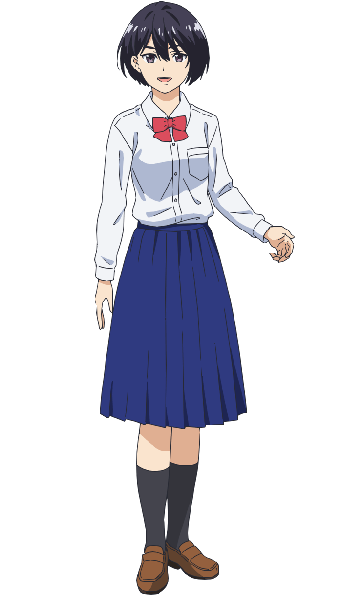 morita kazuaki, ao no orchestra, highres, official art, 1girl, anime coloring, black hair, black socks, blue skirt, bow, bowtie, breasts, brown shoes, collared shirt, full body, hair between eyes, loafers, long sleeves, looking at viewer, machii miduki, open hands, open mouth, pleated skirt, red bow, school uniform, shirt, shoes, short hair, simple background, skirt, small breasts, smile, socks, solo, standing, tachi-e, transparent background, white shirt