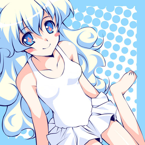hagure keg, nia teppelin, tengen toppa gurren lagann, lowres, non-web source, + +, 00s, 1girl, barefoot, blue eyes, blush stickers, cross-shaped pupils, female focus, halftone, halftone background, looking at viewer, one-piece swimsuit, sitting, smile, solo, swimsuit, symbol-shaped pupils, wariza, white one-piece swimsuit