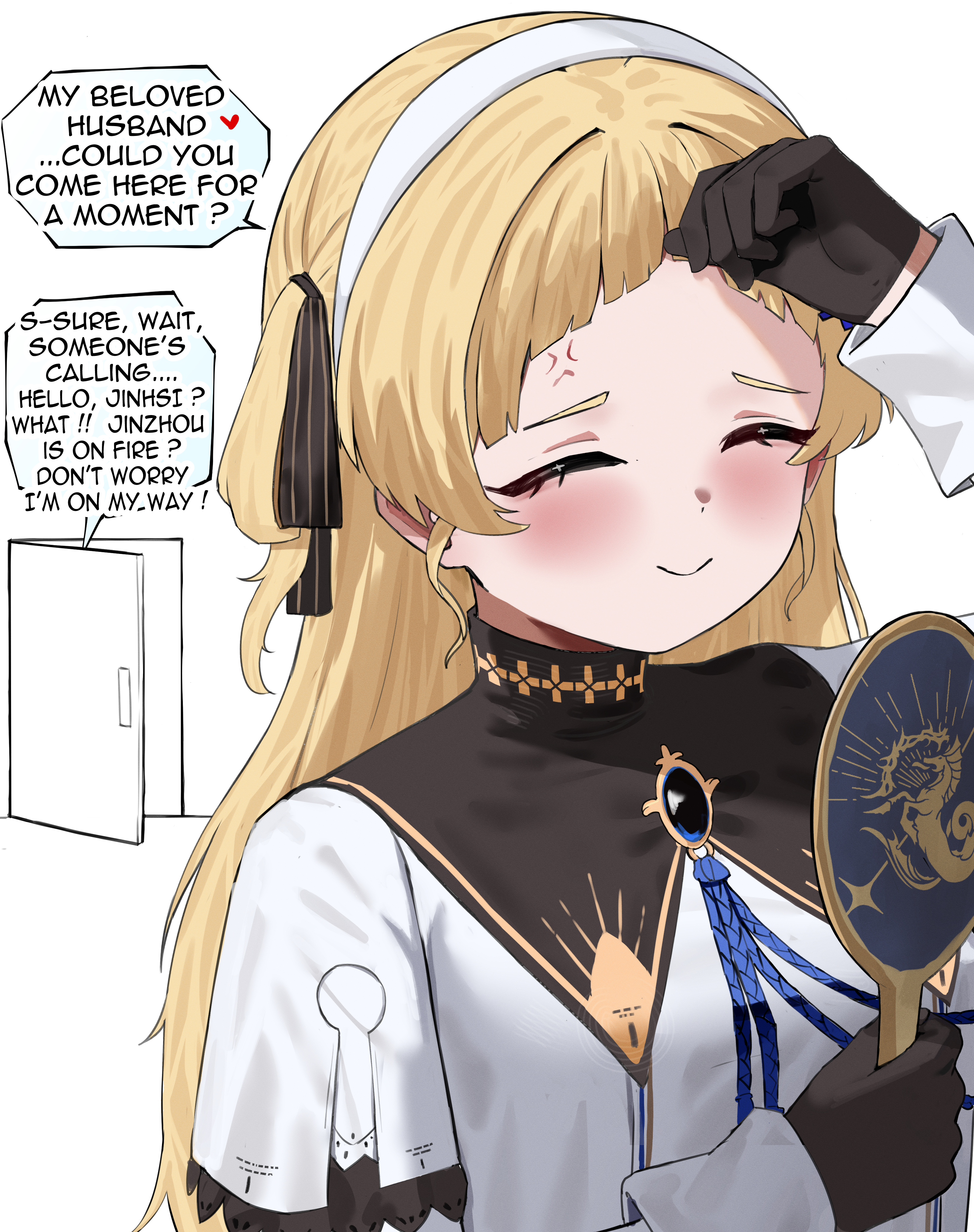 2na (blue2na), phoebe (wuthering waves), wuthering waves, absurdres, commentary, highres, 1girl, anger vein, black collar, black gloves, blonde hair, breasts, closed eyes, closed mouth, collar, cut bangs, english text, gloves, hairband, hand mirror, hand up, holding, holding mirror, long hair, long sleeves, medium breasts, mirror, no headwear, smile, solo, upper body, white hairband