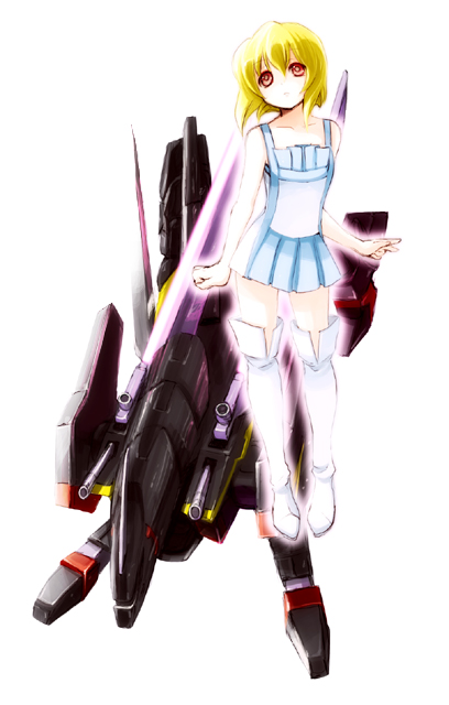 yakisake, 1girl, blonde hair, boots, female focus, miniskirt, red eyes, short hair, skirt, solo, thighhighs, white boots