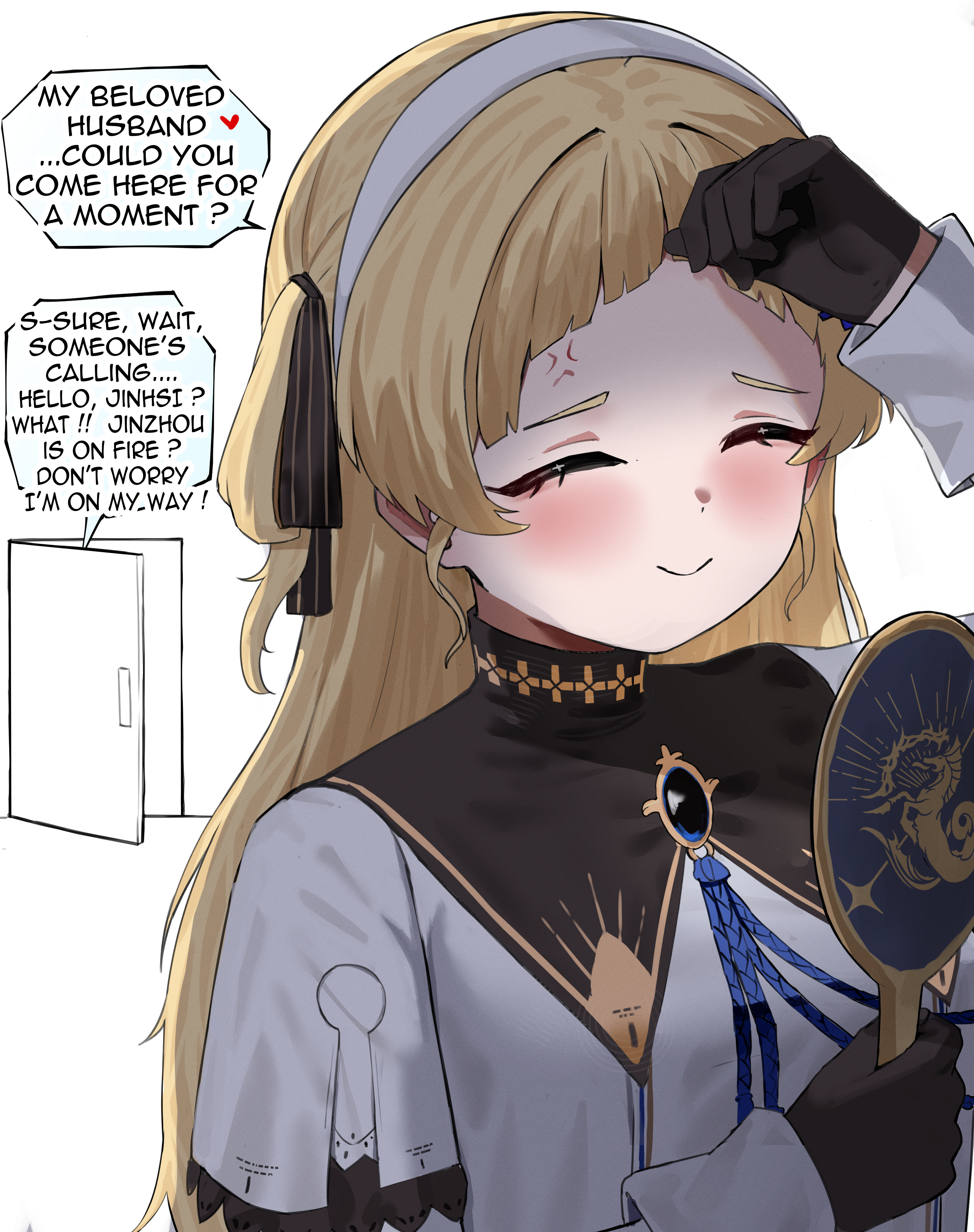 2na (blue2na), phoebe (wuthering waves), wuthering waves, absurdres, commentary, highres, 1girl, anger vein, black collar, black gloves, blonde hair, breasts, closed eyes, closed mouth, collar, cut bangs, english text, gloves, hairband, hand mirror, hand up, holding, holding mirror, long hair, long sleeves, medium breasts, mirror, no headwear, smile, solo, upper body, white hairband