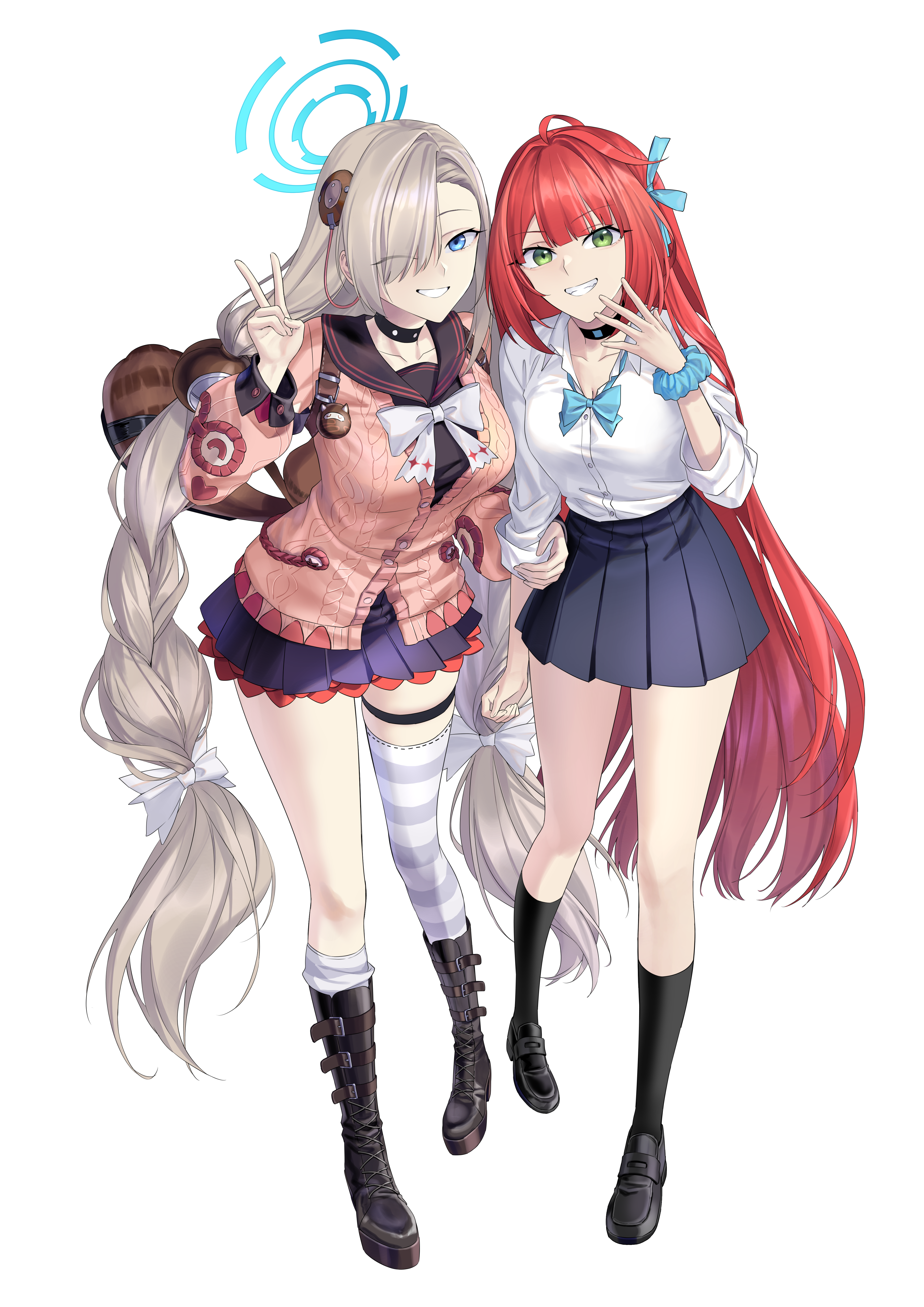 suprii, asuna (blue archive), asuna (school uniform) (blue archive), ukinami yuzuha, blue archive, zenless zone zero, absurdres, highres, 2girls, ahoge, asuna (blue archive) (cosplay), asymmetrical legwear, bag, belt boots, black boots, black sailor collar, black shirt, black shoes, black skirt, black socks, blonde hair, blue bow, blue bowtie, blue eyes, blue halo, boots, bow, bowtie, braid, breasts, cardigan, choker, cosplay, green eyes, grin, hair ornament, hair over one eye, halo, holding another's wrist, large breasts, long hair, looking at viewer, multiple girls, one eye closed, pink cardigan, pleated skirt, purple skirt, red hair, red skirt, sailor collar, school bag, scrunchie, shirt, shoes, skirt, smile, socks, thigh strap, thighs, ukinami yuzuha (cosplay), v, very long hair, white bow, white bowtie, white shirt, white socks, wrist scrunchie