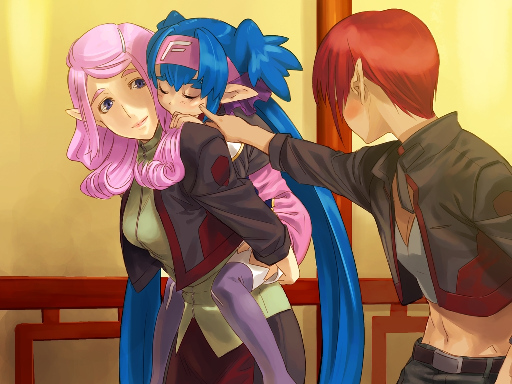 shimotsuki eight, klan klein, meltrandi, nene rora, raramia rerenia, macross, macross frontier, uniform, bad id, bad pixiv id, 00s, 3girls, blue hair, carrying, child, jacket, lips, long hair, multiple girls, piggyback, pink hair, pointy ears, poking, red hair, sleeping, thighhighs, very long hair