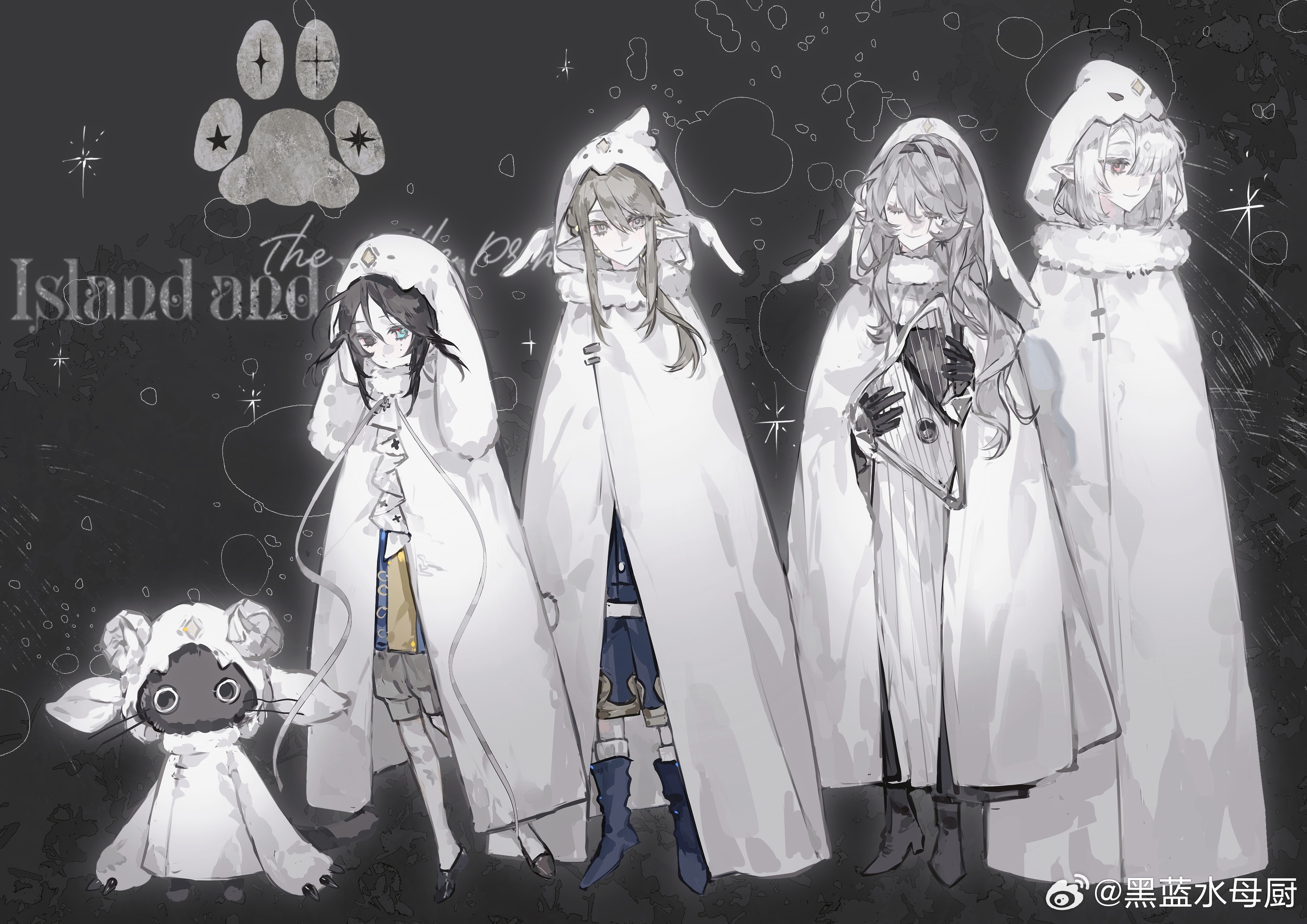 original, absurdres, highres, 4girls, animal costume, animal hood, ascot, black gloves, black hair, blonde hair, blue eyes, boots, braid, cape, capelet, cloak, closed eyes, fur-trimmed cloak, fur trim, gloves, grey hair, hair between eyes, head wings, heilanshuimuchu, holding, holding instrument, holding lyre, hood, hood up, hooded cloak, instrument, long hair, lyre, multiple girls, parted bangs, pointy ears, sheep, sheep costume, sheep hood, smile, white ascot, white capelet, white cloak, white hair, white hood, wings