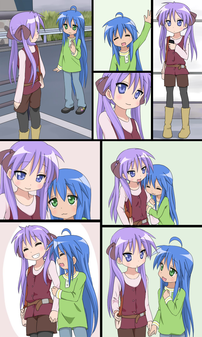 mountain pukuichi, hiiragi kagami, izumi konata, kagamin bocchi, lucky star, 00s, 2girls, :3, ahoge, blue eyes, blue hair, bow, cling, flat chest, green eyes, holding hands, long hair, mole, mole under eye, multiple girls, pantyhose, purple hair, ribbon, smile, twintails, waving