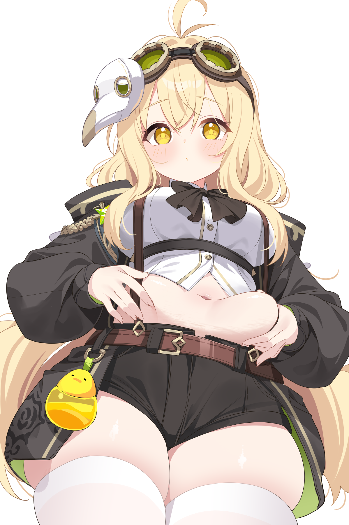 deyui, stella sora, highres, 1girl, antenna hair, belly, belly grab, black jacket, black shorts, blonde hair, blush, breasts, closed mouth, dot mouth, goggles, goggles on head, grabbing own stomach, jacket, large breasts, long hair, long sleeves, looking at viewer, mask, mask on head, midriff, navel, nose blush, open clothes, open jacket, plague doctor mask, plump, ridge (stella sora), shirt, short shorts, shorts, simple background, skindentation, sleeves past wrists, solo, thick thighs, thighhighs, thighs, underbust, very long hair, white background, white shirt, white thighhighs, yellow eyes