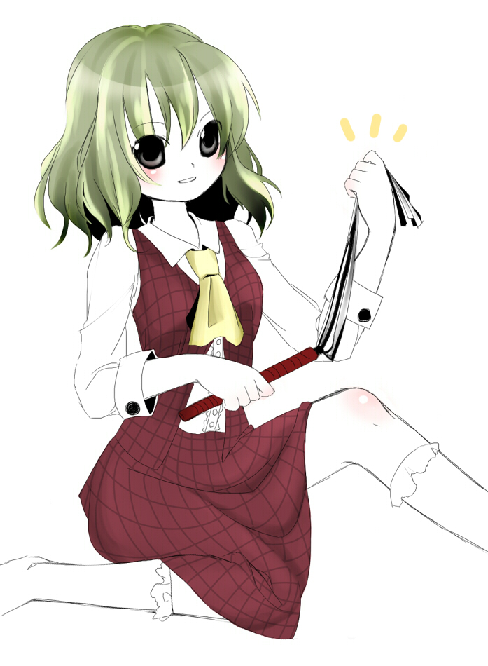 shira (shirataki04), kazami yuuka, touhou, bad id, bad pixiv id, 1girl, ascot, dress shirt, female focus, green hair, grey eyes, grin, kneehighs, plaid clothes, plaid skirt, plaid vest, shirt, short hair, sitting, skirt, skirt set, smile, socks, solo, vest, whip, white background