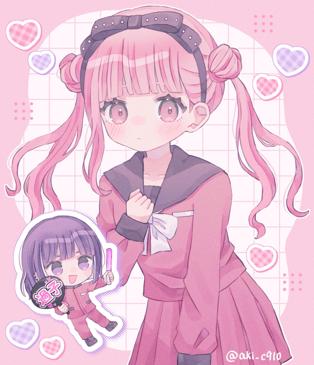 akimaru138, tsukumo ima, tsukumo kako, the hundred line -last defense academy-, commentary, highres, 1boy, 1girl, :d, black bow, black hairband, black sailor collar, blush, bow, bow hairband, bowtie, brother and sister, chibi, chibi inset, double bun, gakuran, glowstick, hair bun, hairband, hand fan, heart, holding, holding fan, jacket, long hair, open mouth, pants, penlight (glowstick), pink background, pink eyes, pink hair, purple eyes, purple hair, red jacket, red pants, red serafuku, red skirt, sailor collar, school uniform, serafuku, short hair, siblings, skirt, smile, twins, twintails, white bow, white bowtie, white streaks