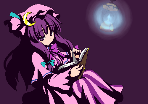 deku (dekunosu), patchouli knowledge, touhou, lowres, 1girl, book, female focus, hat, long hair, ribbon, sitting, solo