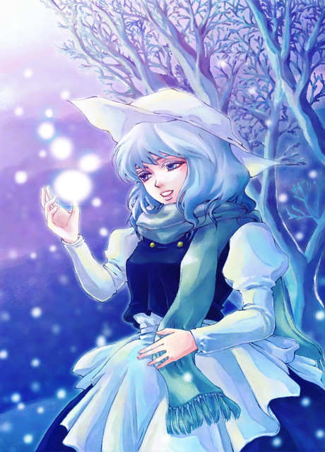 awa (pixiv), awa toka, letty whiterock, touhou, bad id, bad pixiv id, 1girl, cloud, female focus, hat, outdoors, plant, sky, solo, standing, tree, winter
