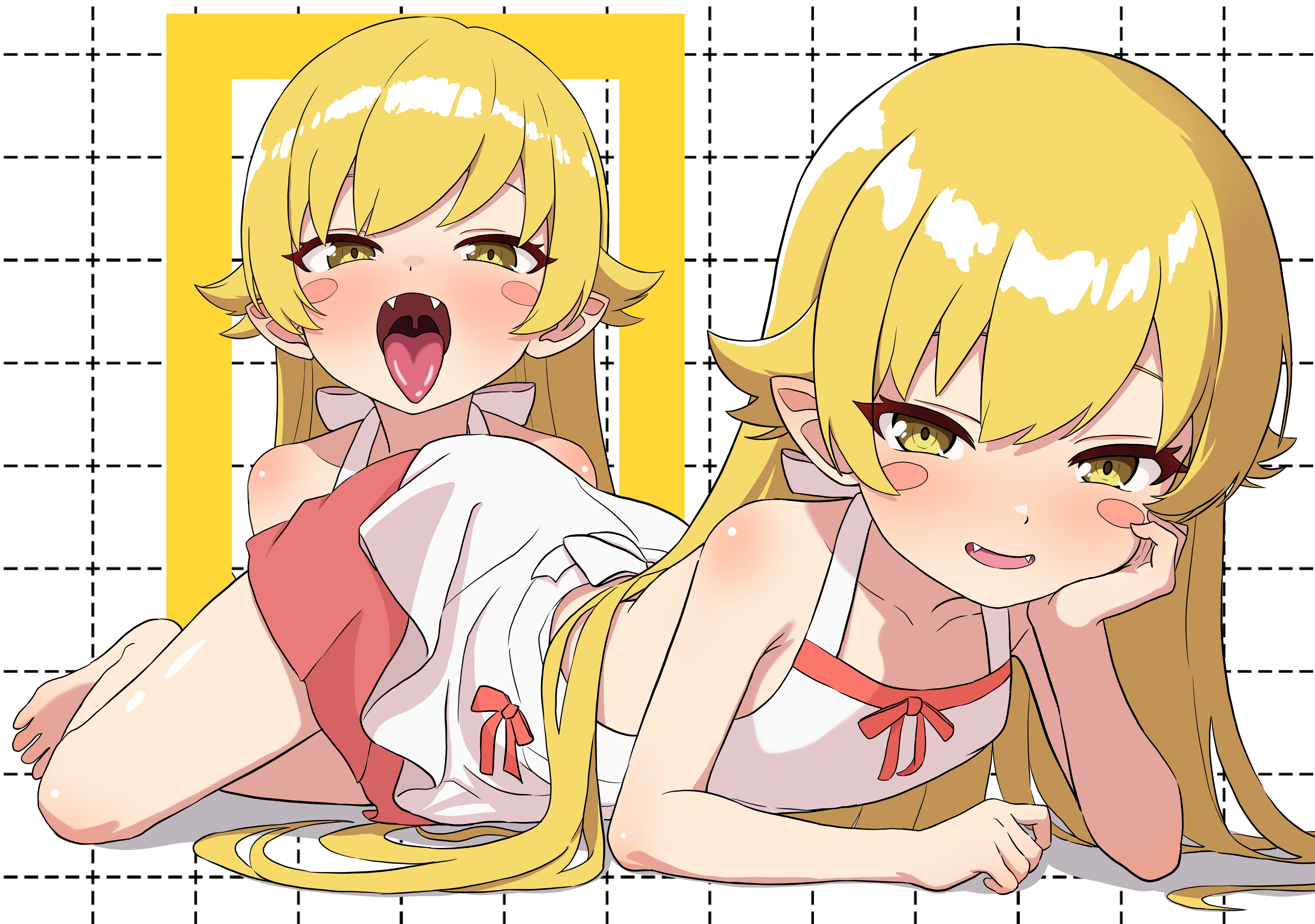 yoshikirino, oshino shinobu, bakemonogatari, monogatari (series), absurdres, commentary, highres, 1girl, backless dress, backless outfit, barefoot, blonde hair, blush stickers, dress, fangs, flat chest, halterneck, long hair, looking at viewer, mesugaki, open mouth, pointy ears, solo, toes, tongue, tongue out, white dress, yellow eyes
