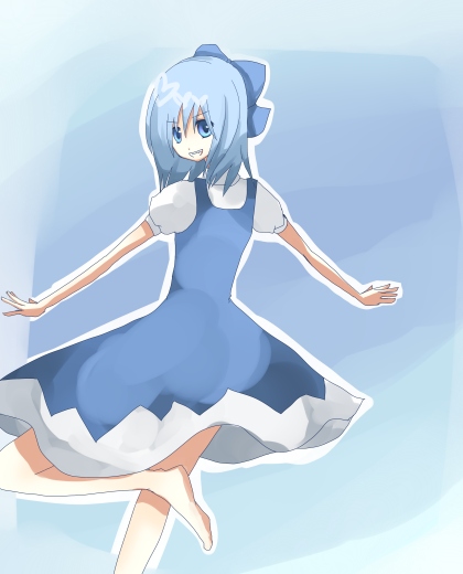 ichika, miyako hana, cirno, embodiment of scarlet devil, touhou, bad id, bad pixiv id, 1girl, blue background, blue hair, blue theme, dress, female focus, gradient background, ribbon, simple background, solo