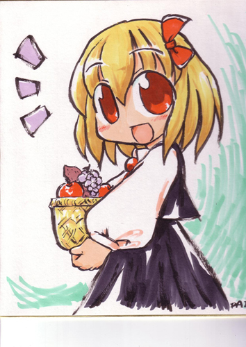 rokugou daisuke, rumia, embodiment of scarlet devil, touhou, lowres, traditional media, 1girl, blonde hair, chibi, female focus, red eyes, shikishi, solo, standing