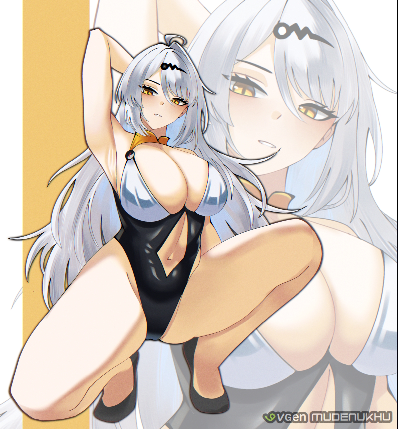 muhammaddeny, yixuan (zenless zone zero), zenless zone zero, highres, 1girl, armpits, bare legs, black shoes, bra, breasts, buttons, grey hair, hair ornament, hairpin, large breasts, long hair, looking to the side, navel, outstretched arms, shoes, single hair intake, solo, spread arms, spread legs, stomach, teeth, thighs, underwear, white bra, yellow eyes, yin yang