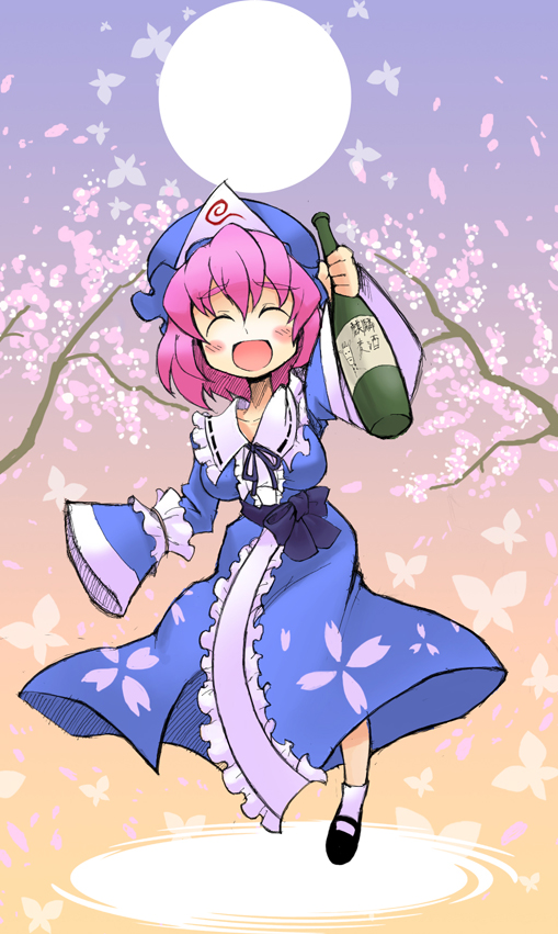 ario, saigyouji yuyuko, touhou, 1girl, ^ ^, alcohol, bottle, breasts, chibi, closed eyes, female focus, hat, japanese clothes, kimono, sake, solo