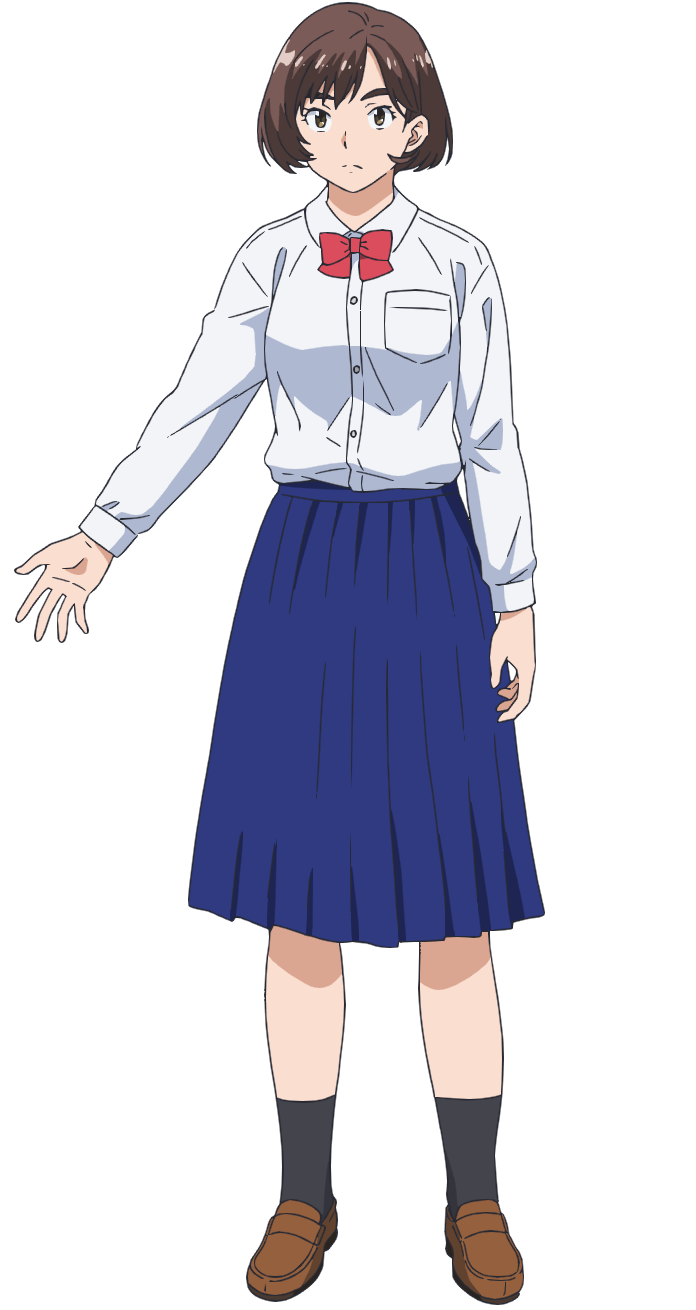 morita kazuaki, ao no orchestra, highres, official art, 1girl, anime coloring, black socks, blue skirt, bob cut, bow, bowtie, breasts, brown eyes, brown hair, brown shoes, closed mouth, collared shirt, full body, loafers, long sleeves, looking at viewer, medium breasts, open hand, outstretched arm, palms, pleated skirt, red bow, shirt, shoes, short hair, simple background, skirt, socks, solo, spread fingers, standing, susono himeko, tachi-e, transparent background, white shirt