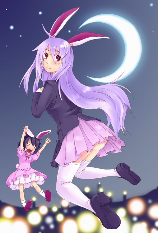zeku (furrock), inaba tewi, reisen udongein inaba, touhou, > <, 2girls, animal ears, brown eyes, closed eyes, female focus, moon, multiple girls, purple hair, rabbit ears, thighhighs