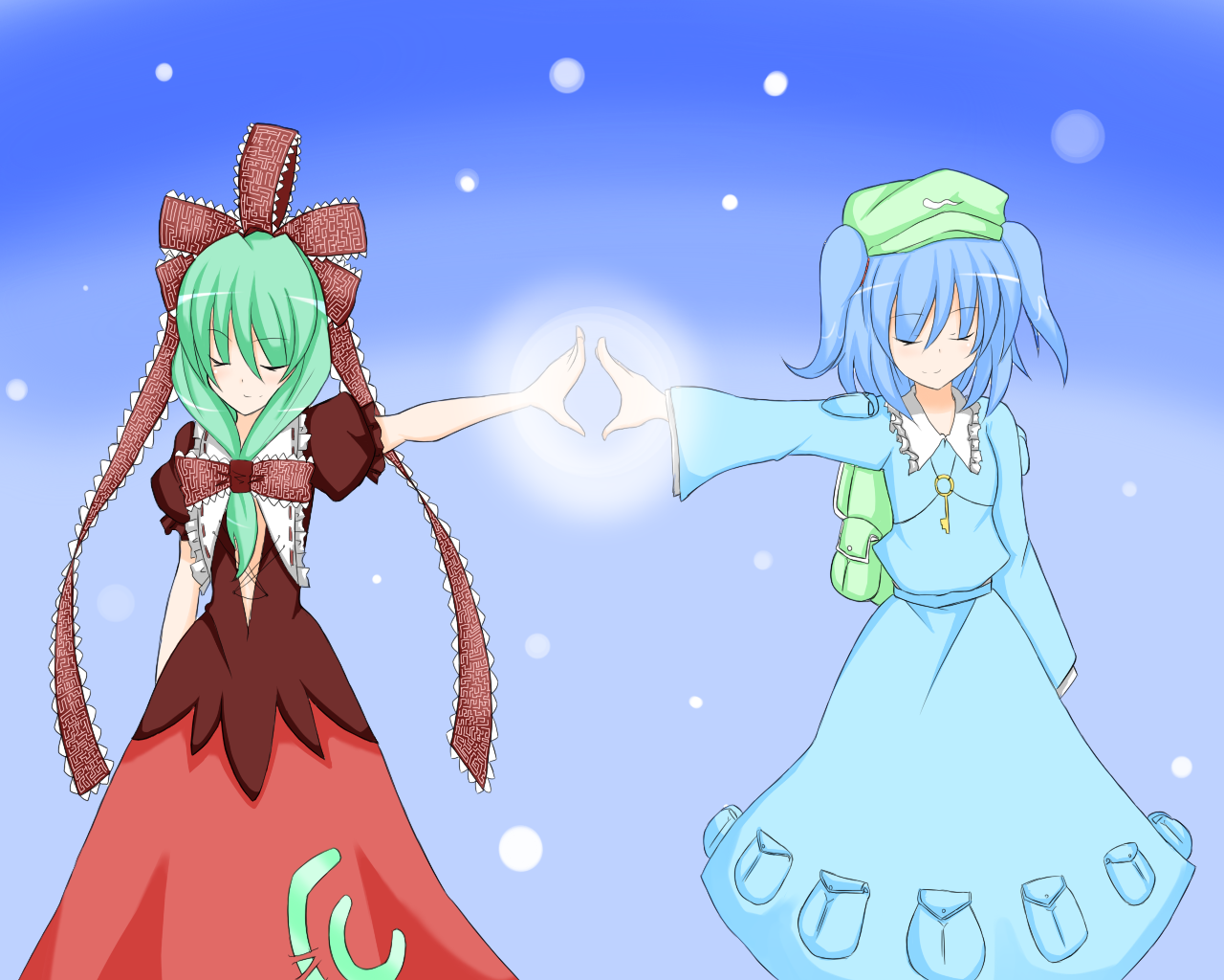 nakatama kyou, kagiyama hina, kawashiro nitori, touhou, bad id, bad pixiv id, 2girls, blue hair, female focus, front ponytail, green hair, hat, long hair, multiple girls, ribbon, two side up